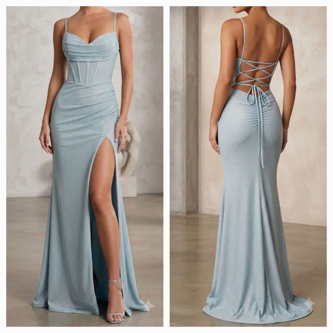 Fotos de catálogo del vestido azul celeste, frente y espalda