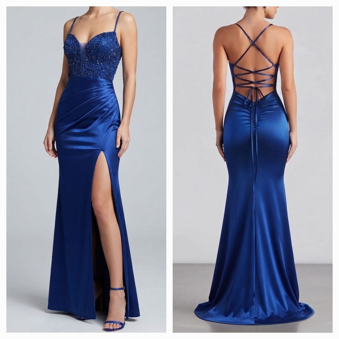 Fotos de catálogo del vestido azul cobalto, frente y espalda