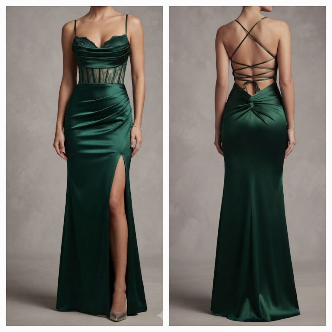 Fotos de catálogo del vestido verde esmeralda, frente y espalda