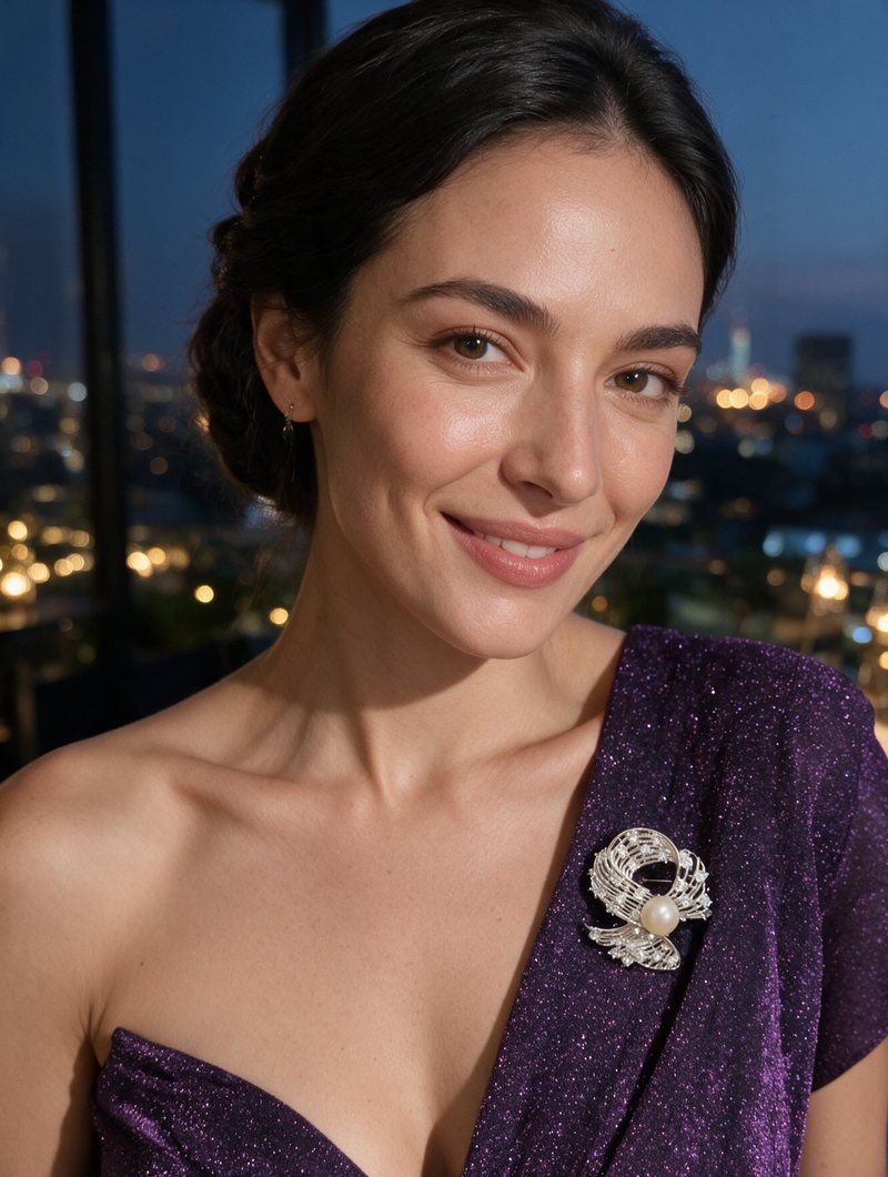Broche plateado con perla central, accesorio de gala